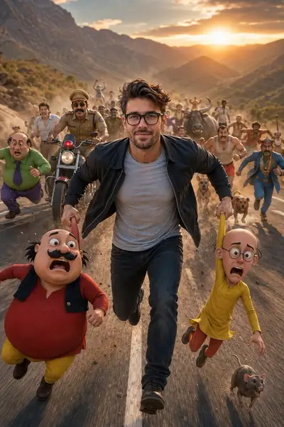 Ultra-Realistic Cinematic Action Poster with Motu Patlu Chase