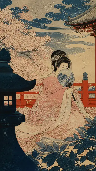 Ukiyo-e Woodblock Print of a Woman Under Cherry Blossoms