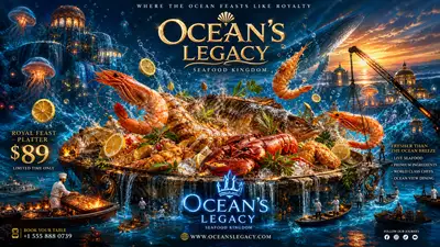 Underwater fantasy seafood restaurant advertising flyer
