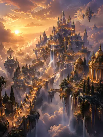 Epic fantasy floating city above the clouds at dusk