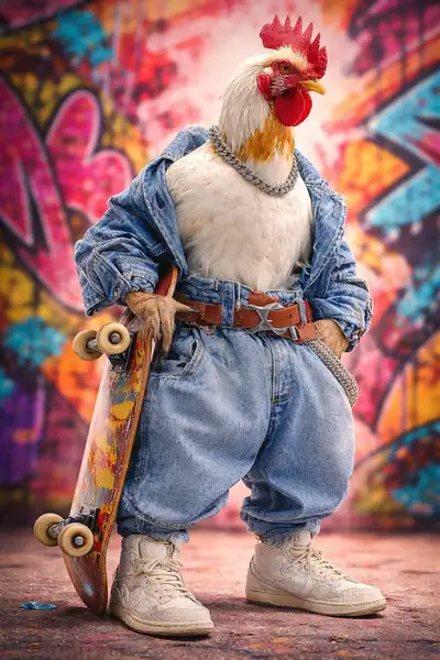 Anthropomorphic rooster dressed as a street skater