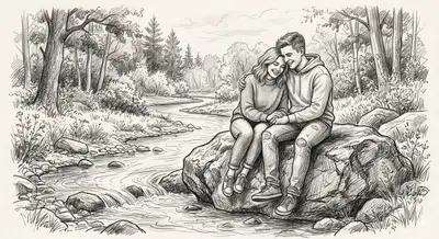Graphite Pencil Sketch of Couple by River
