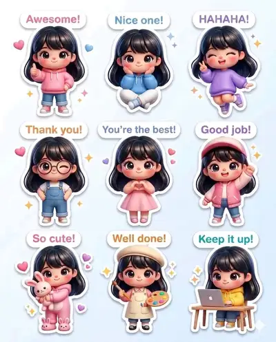 9つのポーズと衣装を持つ3Dちびキャラクターステッカーシート