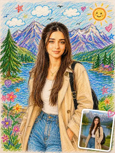 童年素描本蜡笔插画风格转换，GPT Image 2 制作