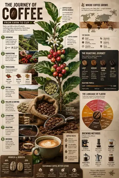 Coffee farm-to-cup journey infographic poster
