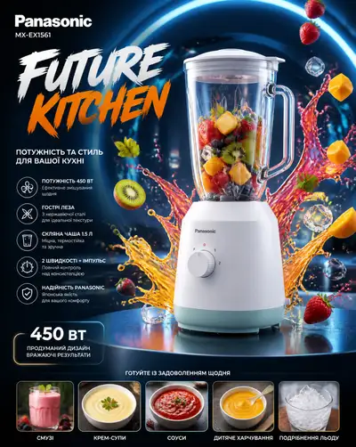 Futuristic Panasonic blender advertising poster with fruit splash