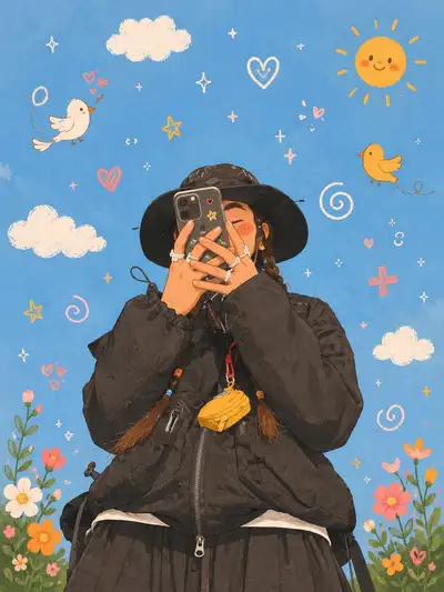 Verspielte koreanische Illustration eines Mädchens, das im Frühling ein Selfie macht