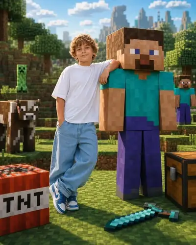 Realistic photo of a person posing beside their favorite character