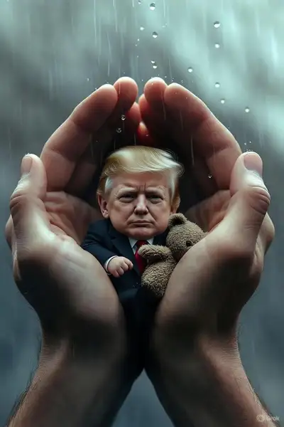 Miniature Trump in Giant Hands Under Rain