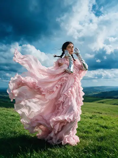 Editorial em colina ventosa com vestido de chiffon rosa pastel com babados