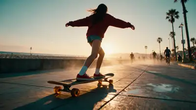 Une adepte du longboard glisse sur une promenade bordée de palmiers à l'heure dorée
