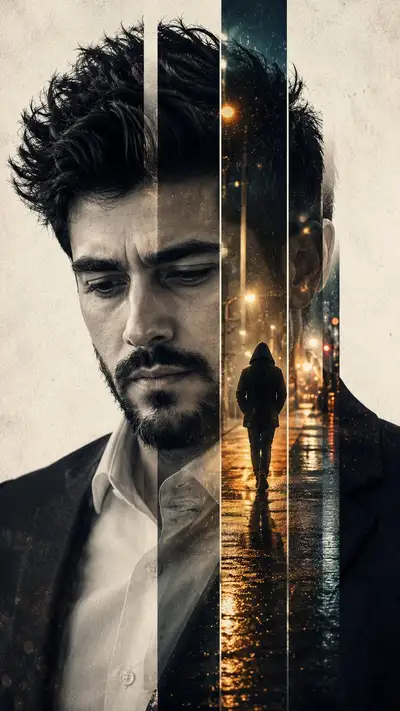 Cinematic Double-Exposure Portrait Prompt (Male)