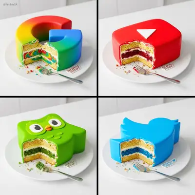 Cake disguised as a logo, bitten open to reveal layers