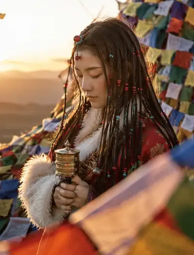Tibetan Portrait with Prayer Wheel at Sunset