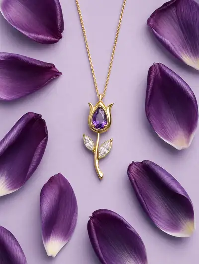 Gold tulip pendant necklace flat-lay product photo