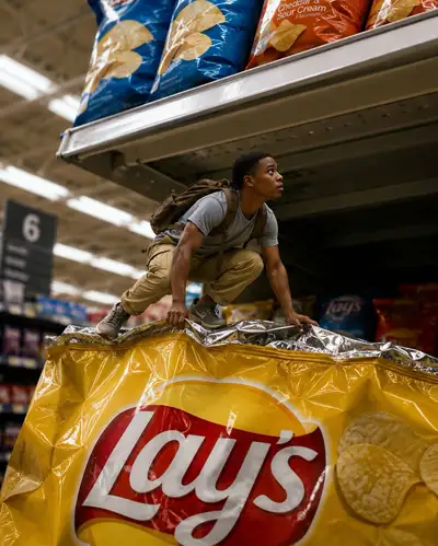 First Frame Image Prompt: Parkour Miniature on Chip Bag