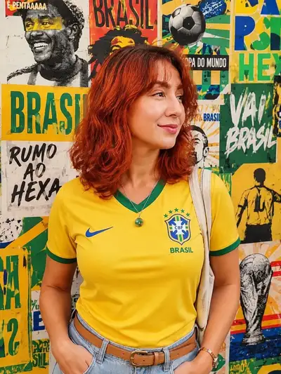 Brazil jersey street portrait with vintage football posters