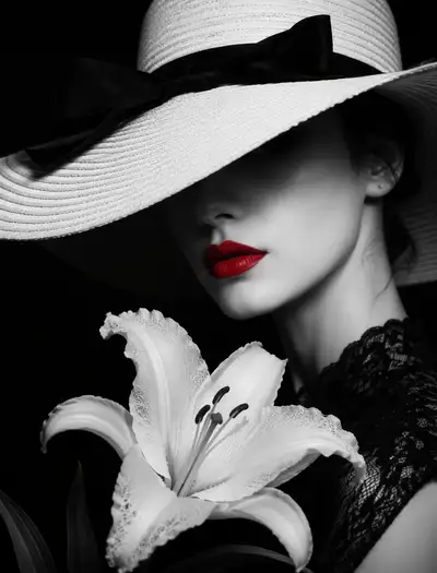 Élégant portrait en noir et blanc avec chapeau et lys
