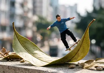 Miniature Skateboarder in a Leaf Half-Pipe