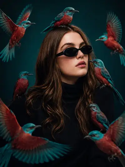 Cinematic Fashion Editorial Portrait with Birds
