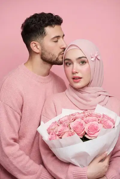 Couple Portrait with Hijab - Pastel Pink Studio