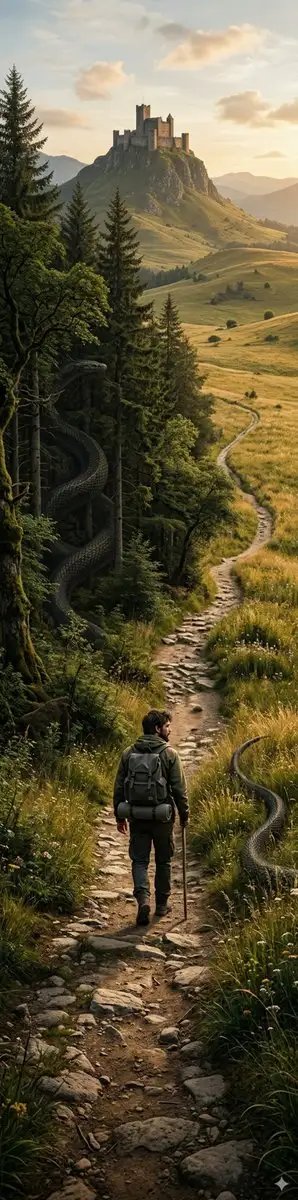Ultra-Realistic Vertical Panorama of Traveler and Castle