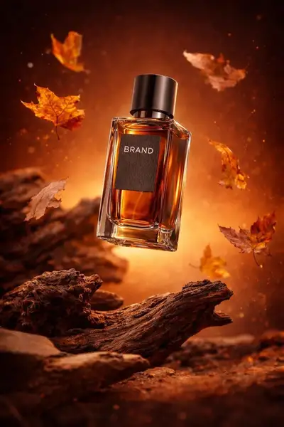 Floating luxury perfume bottle product shot with autumn leaves