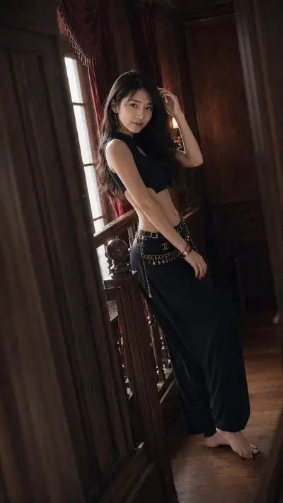 Luxury mansion fashion portrait with gold chain belt
