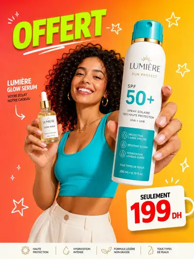 Bold gradient sunscreen and serum beauty product advertisement