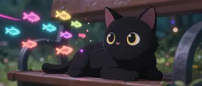 Chibi Anime Cat Watching Neon Fish at Night