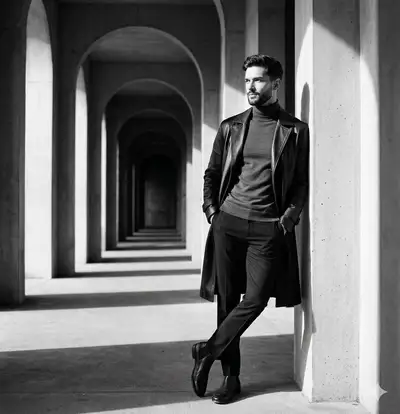 Black and white editorial portrait of a man in a brutalist colonnade