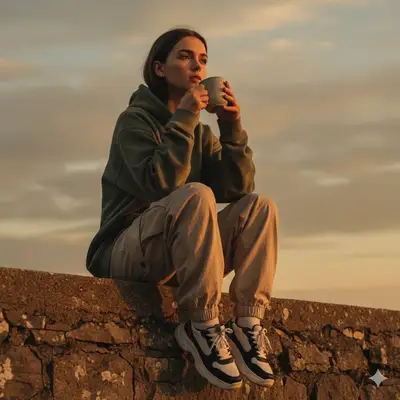 Cinematic Girl on Stone Wall at Sunset