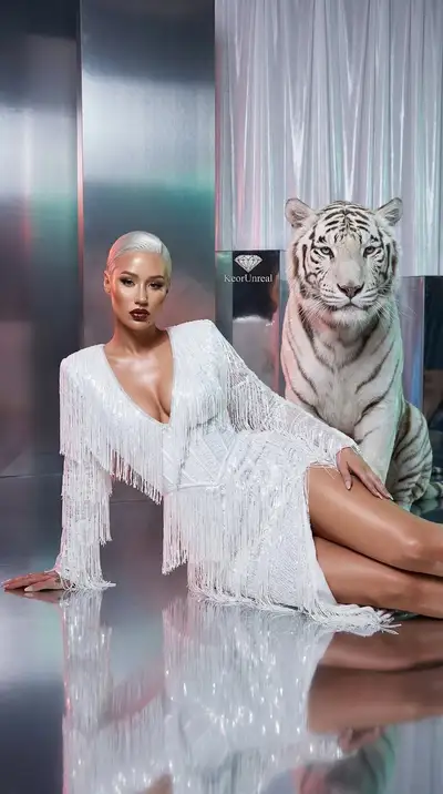Ultra-realistic celebrity editorial portrait with white tiger