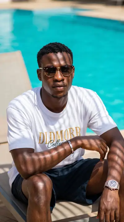 Poolside-Editorial-Modeporträt mit gestreiften Schatten