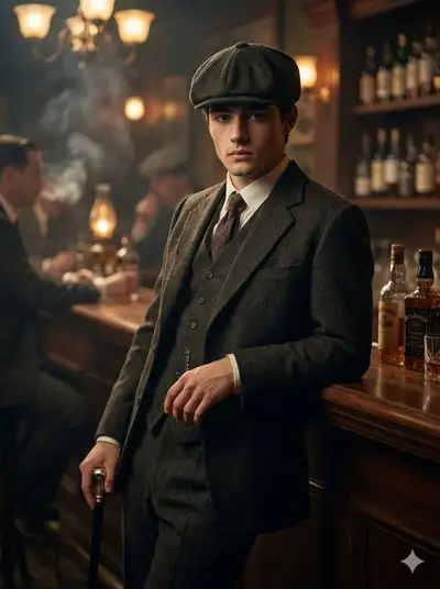 Peaky Blinders-style portrait at a smoky 1920s bar