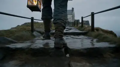 Alter Mann klettert zum Leuchtturm, während Meereskreaturen auftauchen, Video