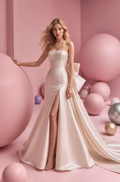 Baby pink couture studio fashion campaign gown
