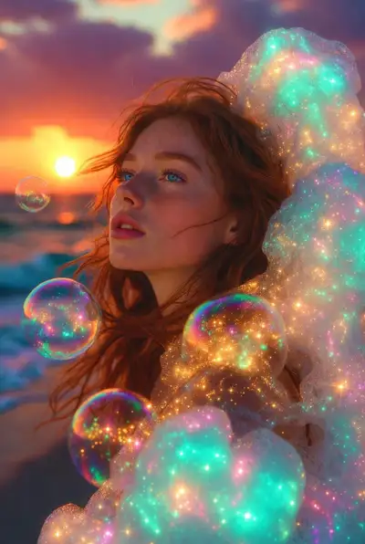 Cinematic Sunset Beach Portrait with Magical Bubbles