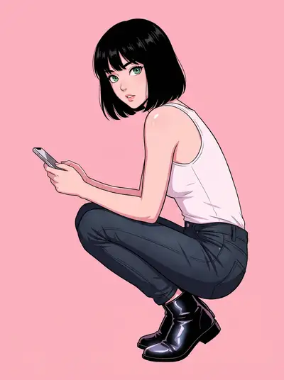 Cel-shaded anime portrait with smartphone and pastel backdrop