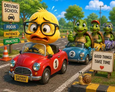 Nervous Duck Driving Lesson Cartoon Scene