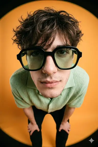 Fisheye editorial photo of a man crouching in pastel green knitwear
