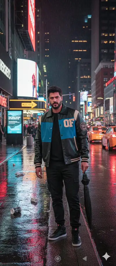 Rainy Night Times Square Scene with Subject