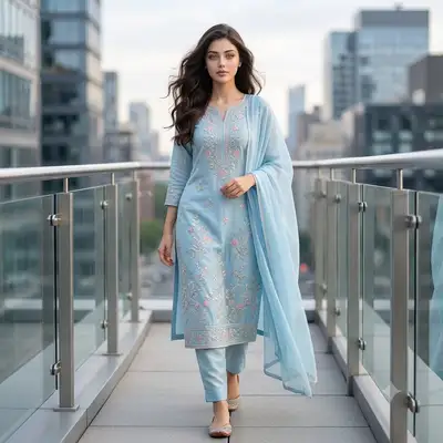 Mujer del sur de Asia en salwar kameez en terraza de azotea