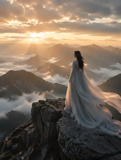 Couture gown fashion shot on a mountain cliff at sunrise