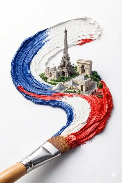 Macro paintbrush flag stroke reveals country cityscape template