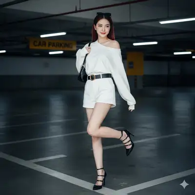 Candid fashion photo of woman in parking garage