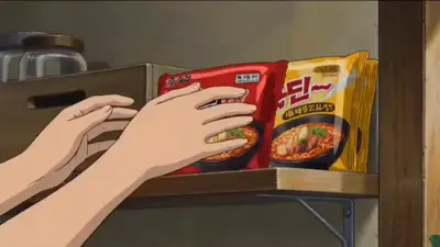 Anime-style cooking video of spicy cheesy ramen