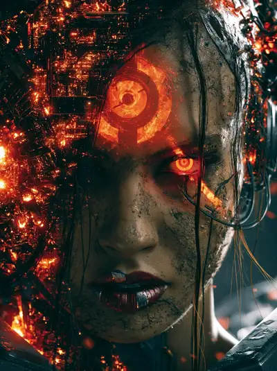 Retrato de mulher ciborgue cyberpunk com circuito brilhante prompt