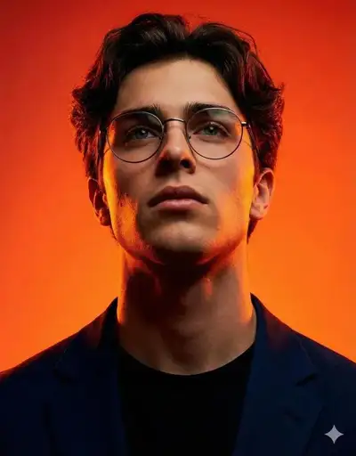 Retrato editorial de atmósfera intensa con fondo degradado naranja-rojo