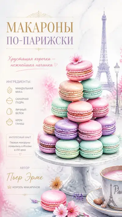 Watercolor illustration of a pyramid of French macarons
